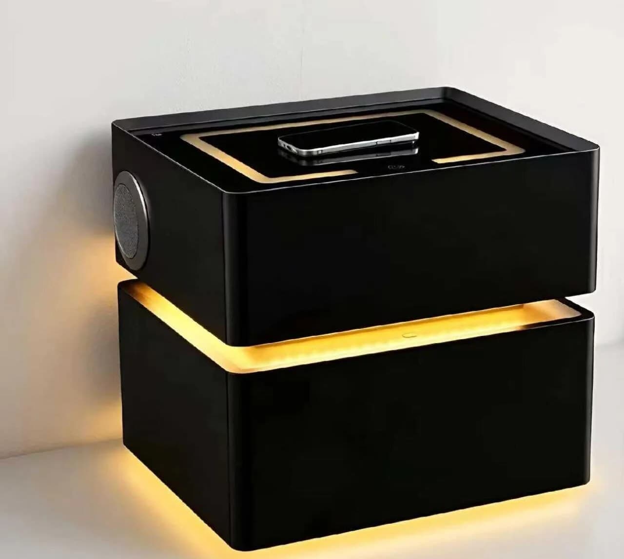 Table de chevet noire à deux blocs avec éclairage LED doré