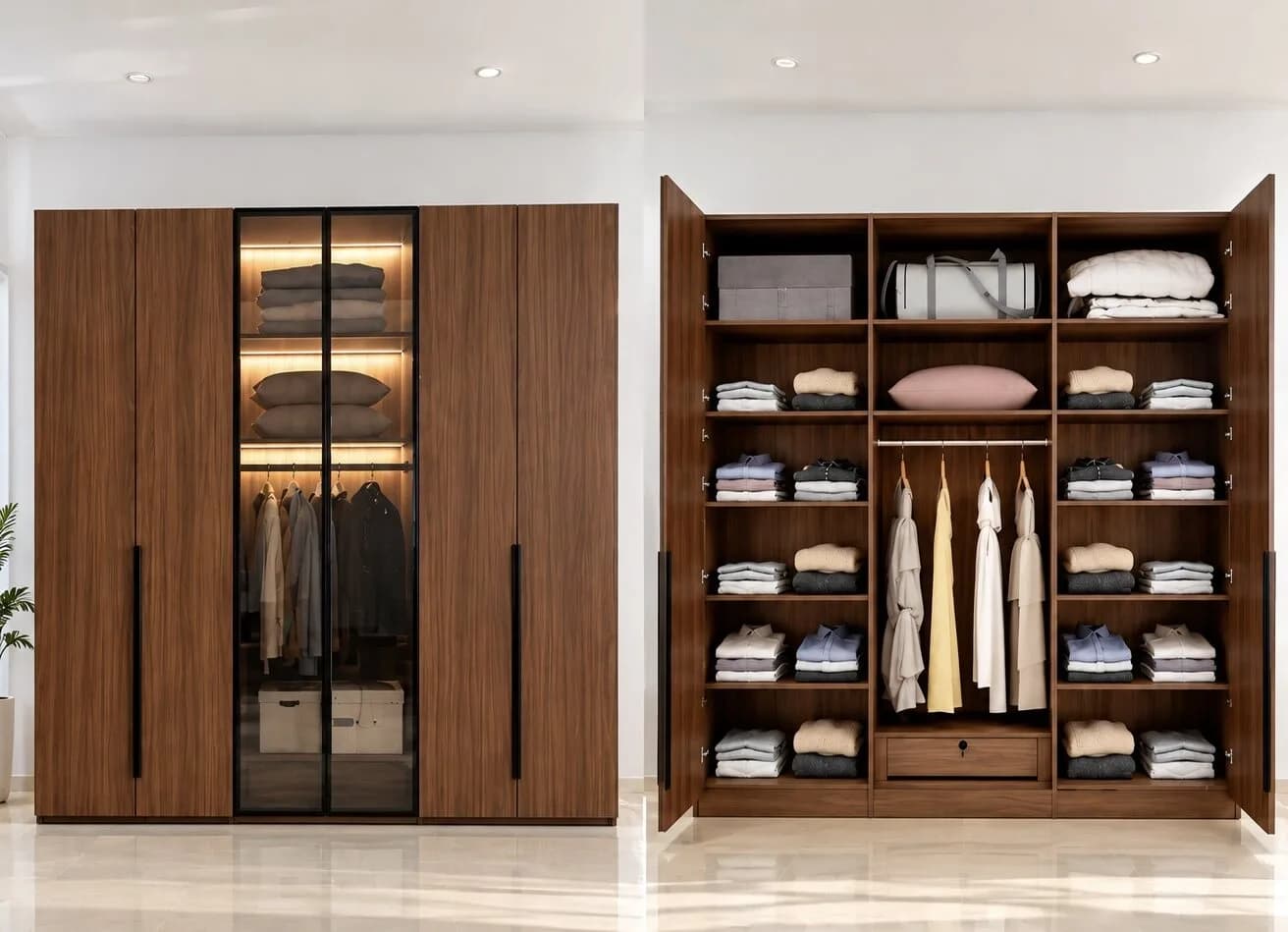 Armoire dressing en noyer avec porte centrale vitrée et éclairage intérieur